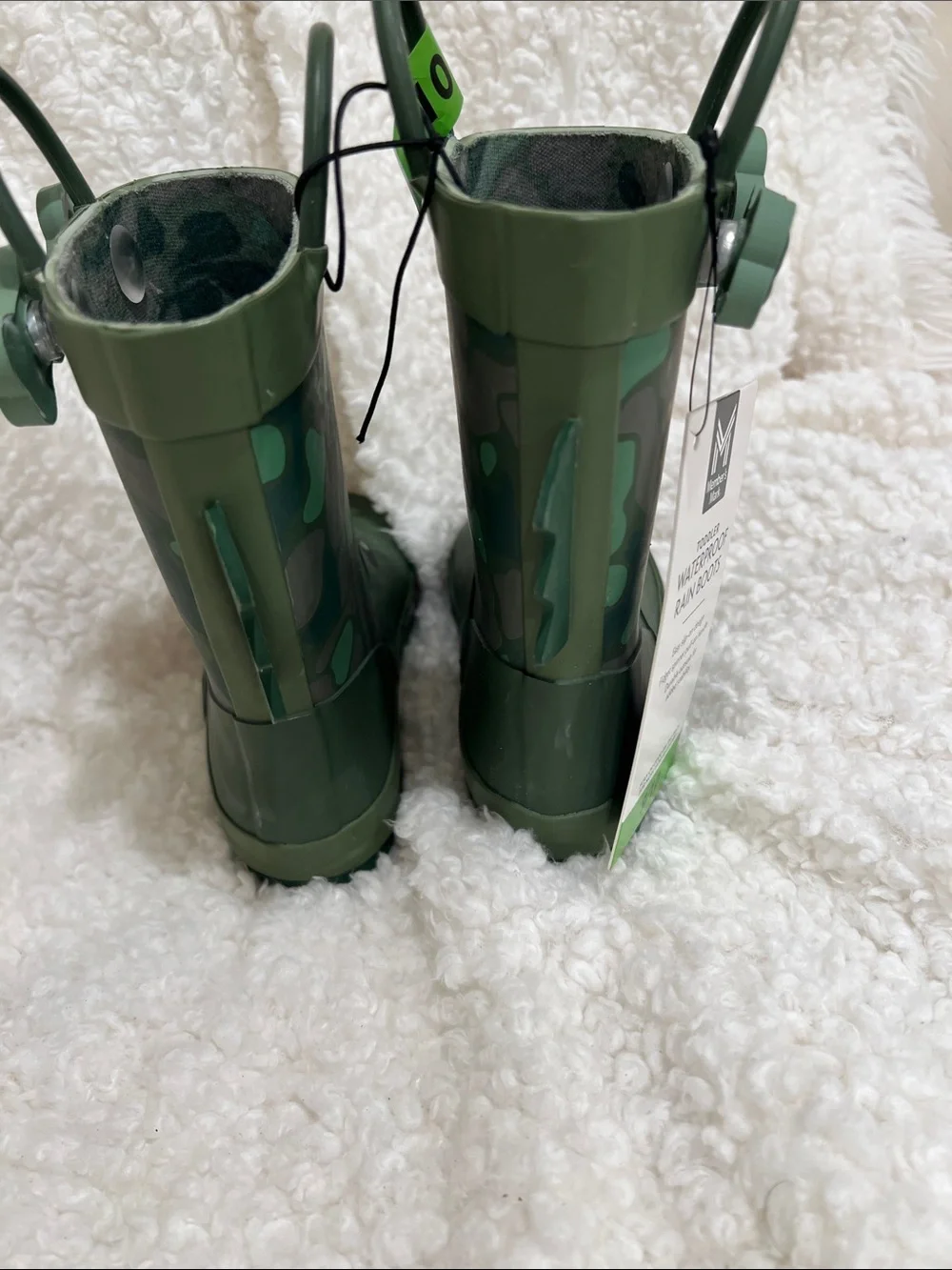 Kids Green Dinosaur Rain & Snow Boots with Easy Pull Handles